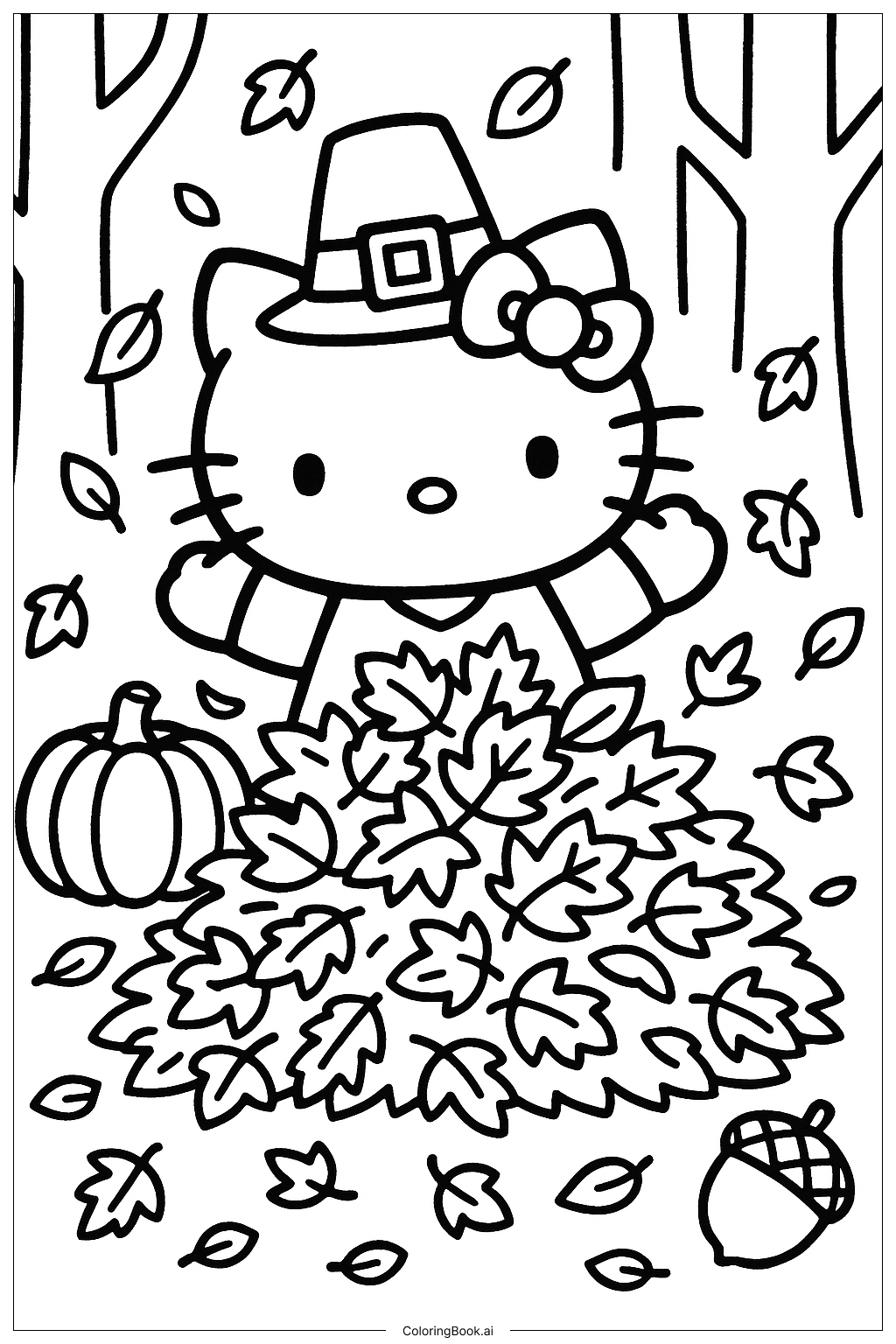  Hello Kitty spielt an Thanksgiving im Herbstlaub Ausmalseite 