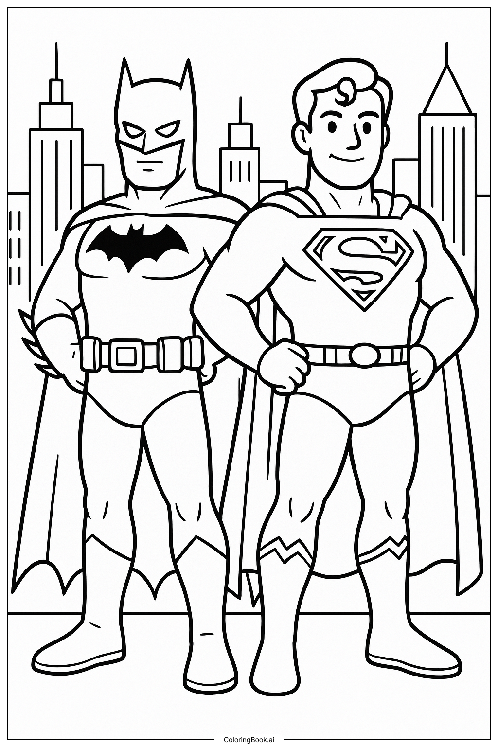  Página para colorear de Batman y Superman de pie juntos 