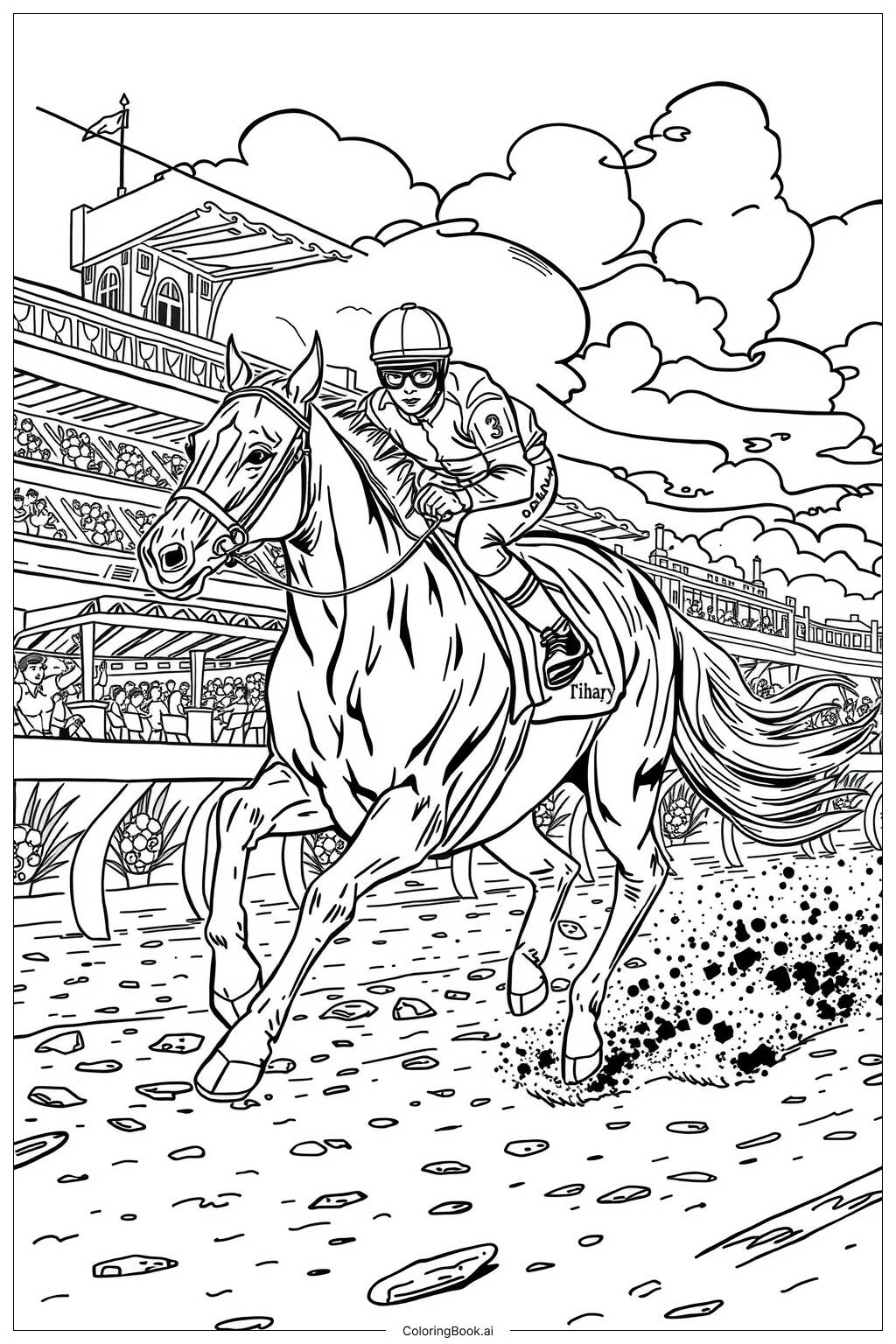  Page de coloriage Jockey en Course sur un Cheval au Galop 