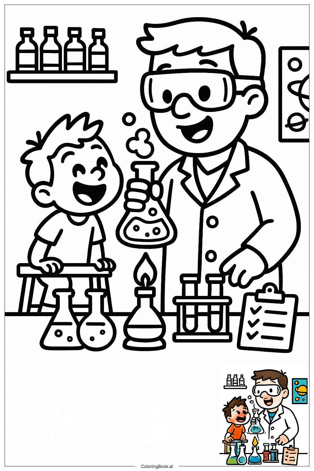  Página para colorir de Experimento de Laboratório Científico para o Dia dos Pais 