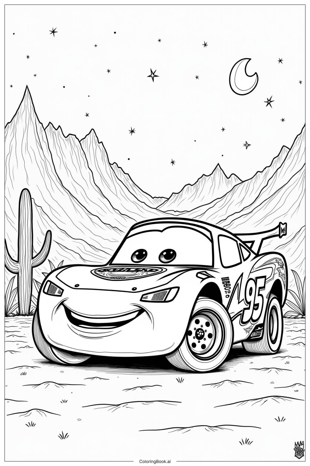  Página para colorear de Rayo McQueen Bajo el Cielo Nocturno 