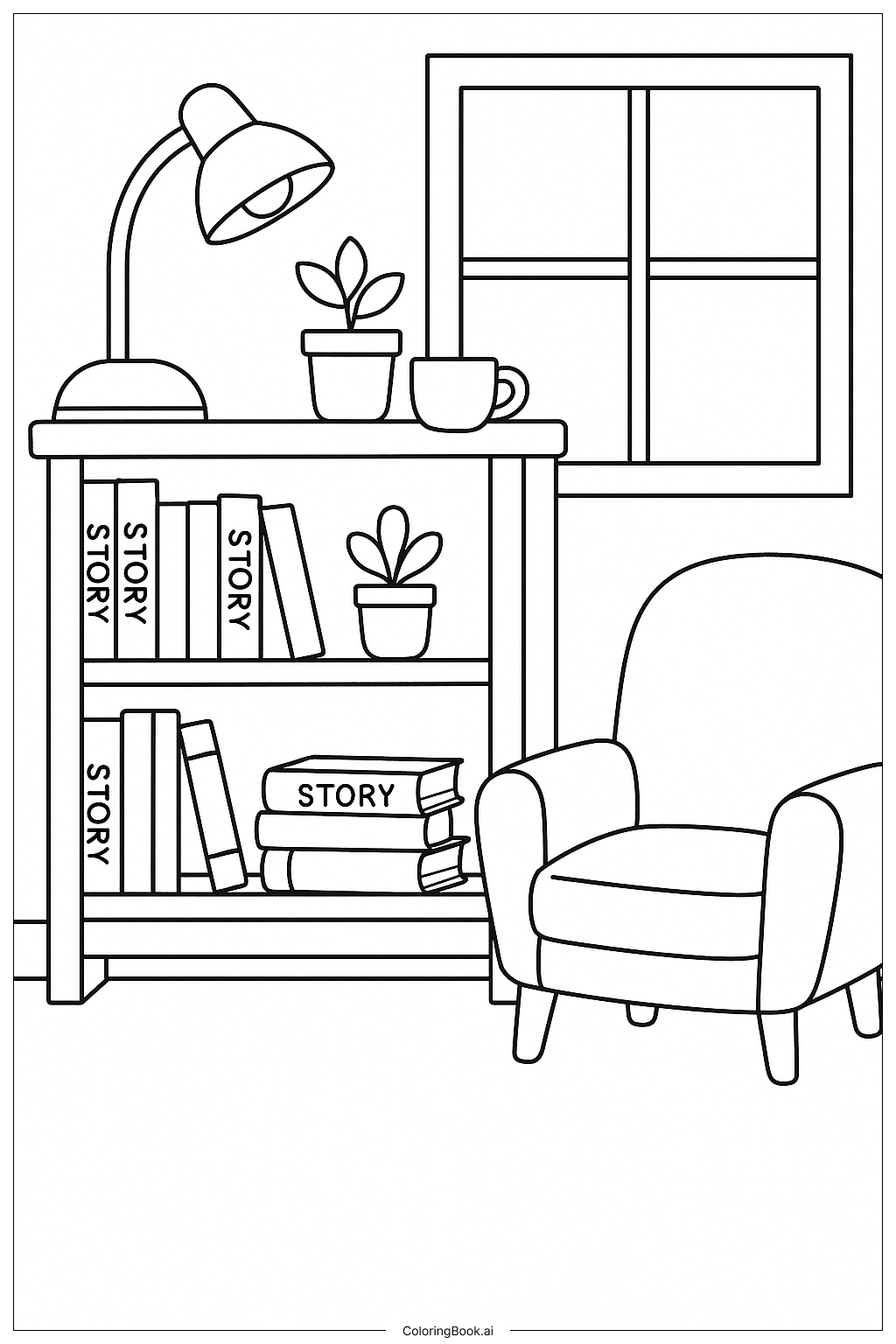  A Cozy Bookshelf Filled With Stories Coloring Page 