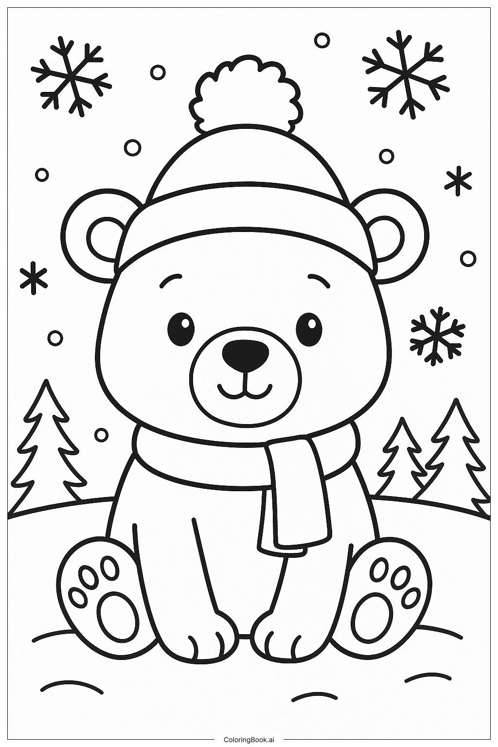 Página para colorear de Osito con un gorro de invierno