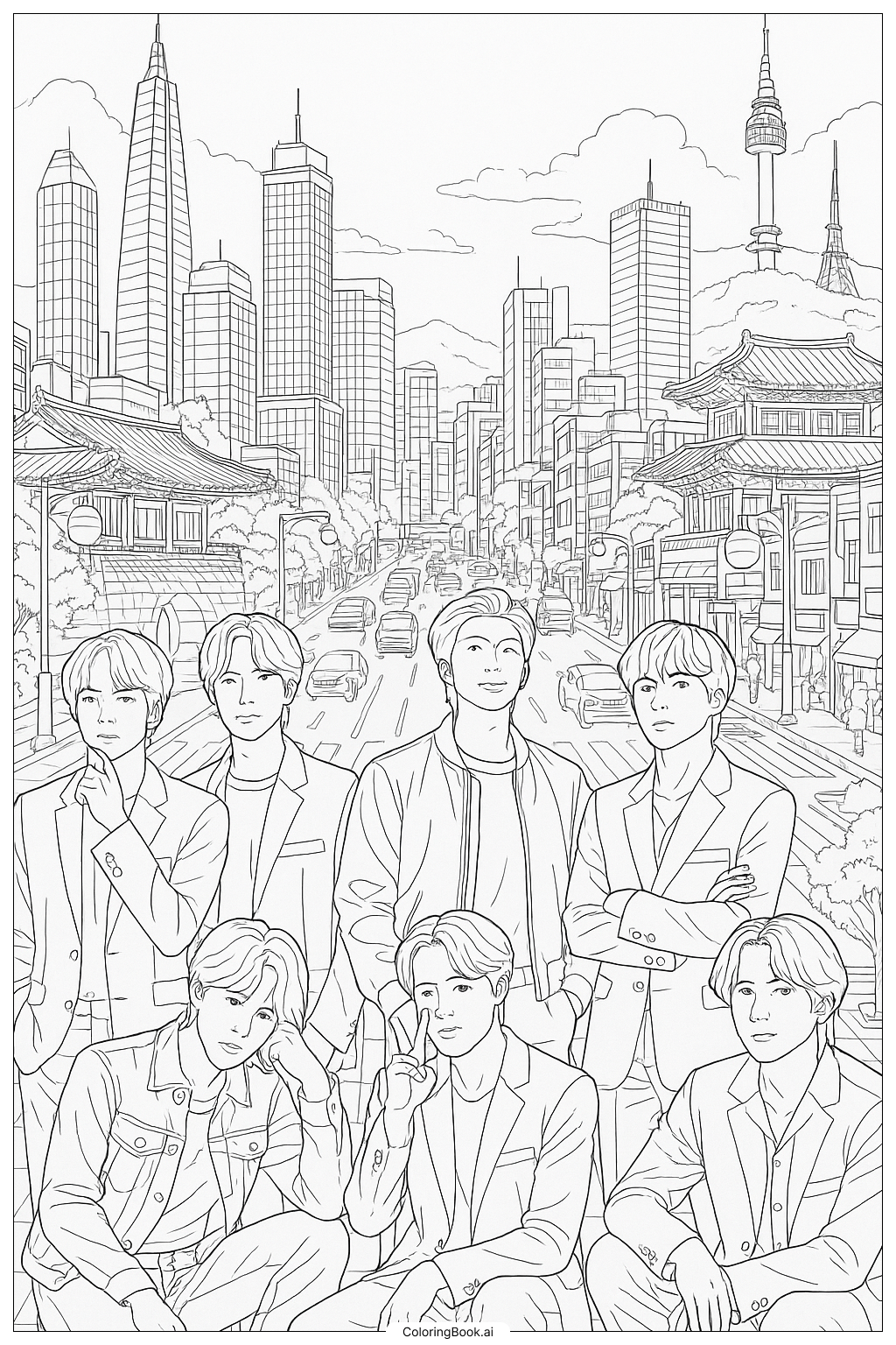  Page de coloriage BTS Posant dans un paysage urbain détaillé de Séoul 