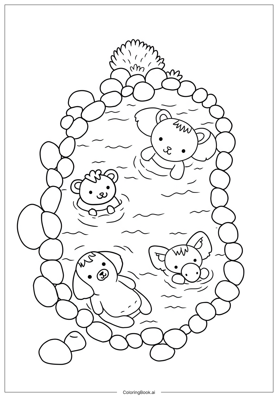  动物朋友们一起泡温泉填色页 