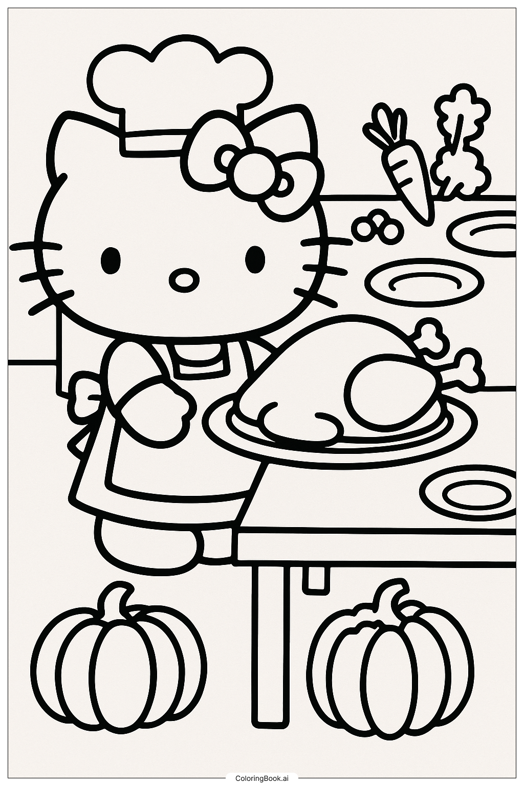  Hello Kitty serviert den Truthahn zum Erntedankfest Ausmalseite 