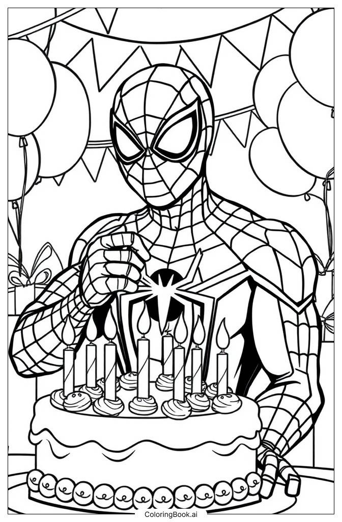  Página para colorir de Festa de Aniversário do Homem-Aranha 