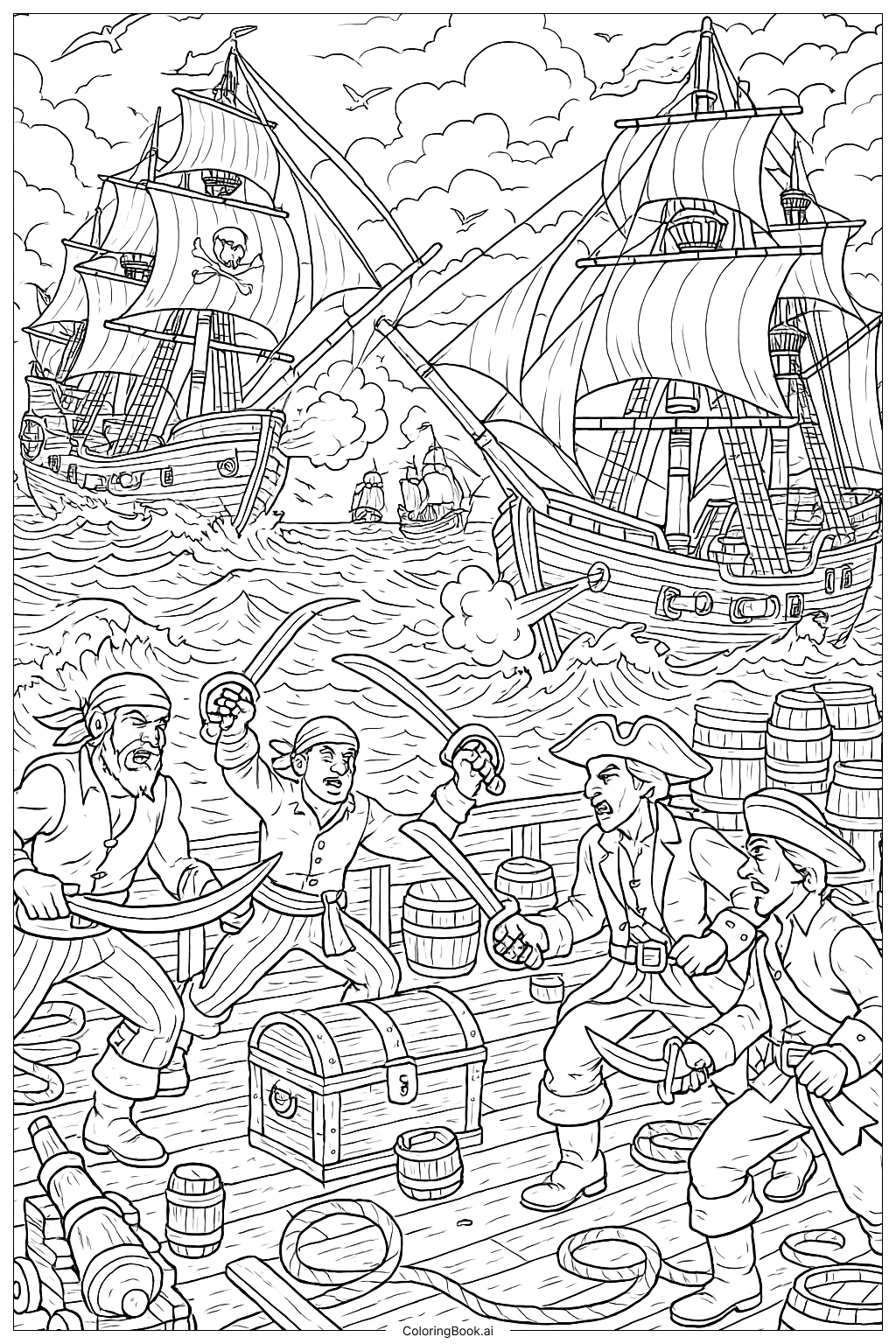  海上精彩的海盗大战填色页 