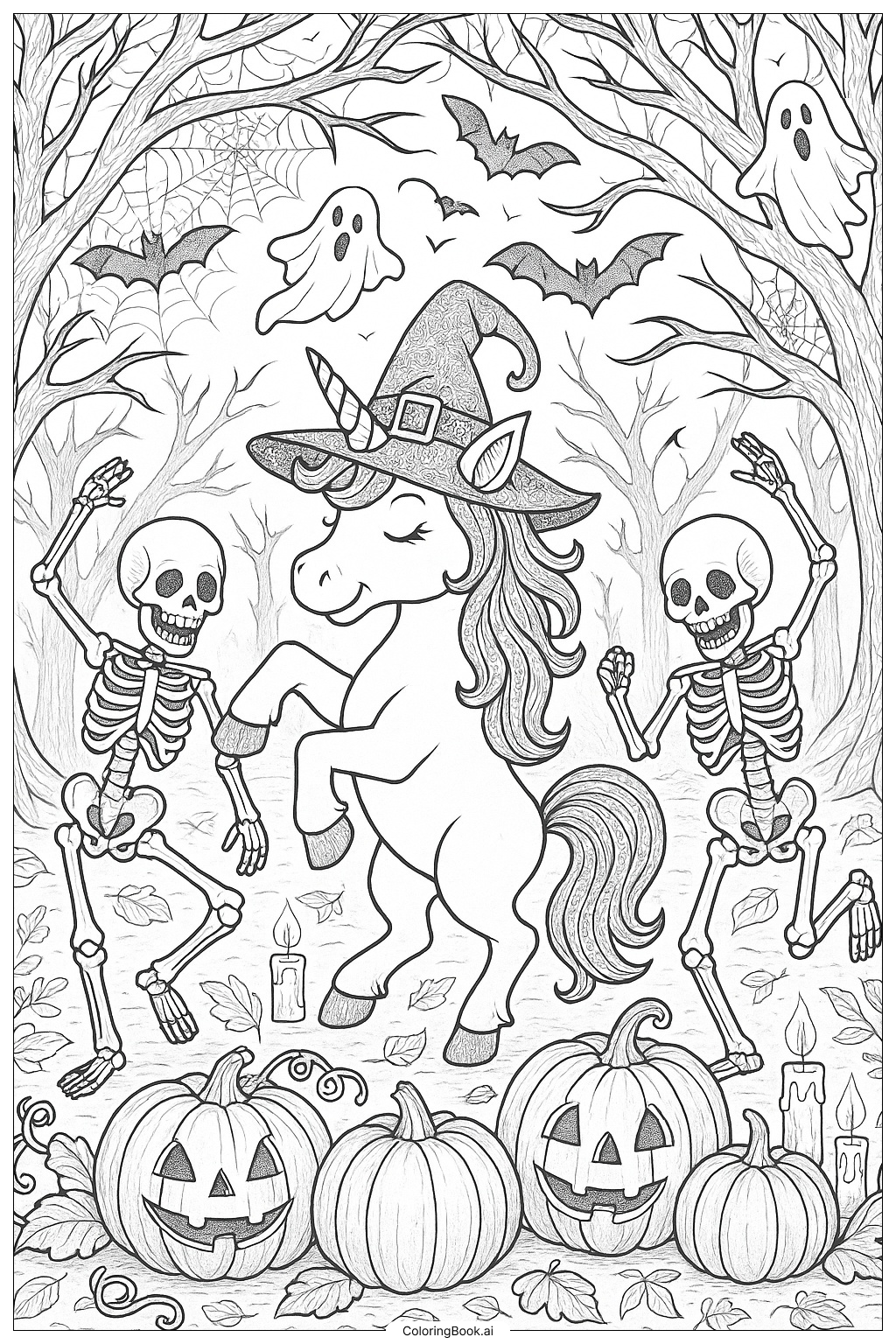  ユニコーンのハロウィン：スケルトンとダンスの塗り絵ページ 