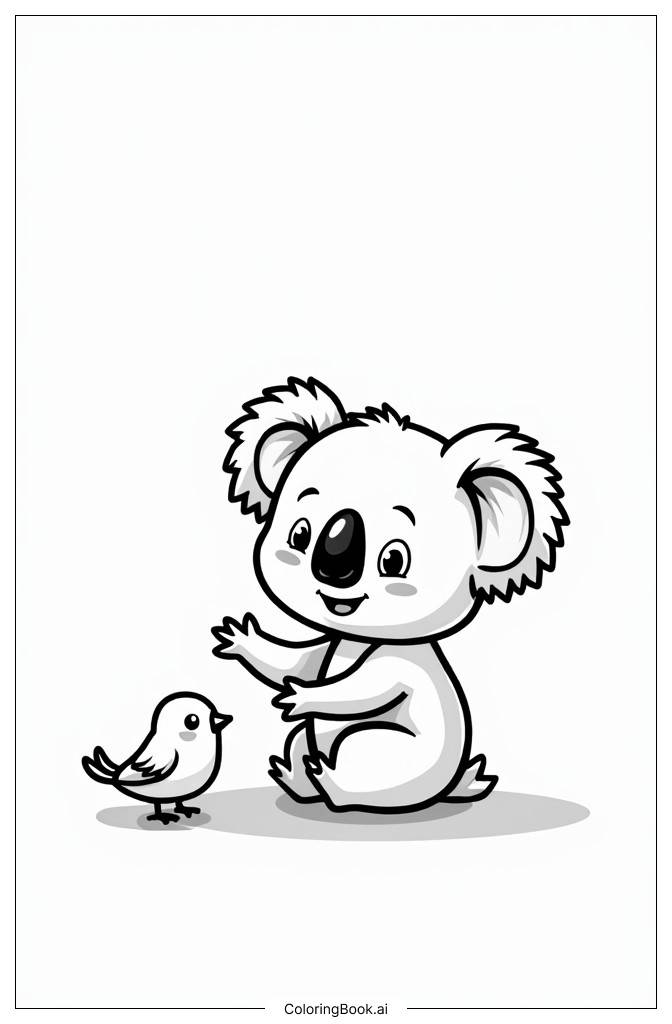  Cute baby koala playing with a little bird Coloring Page 