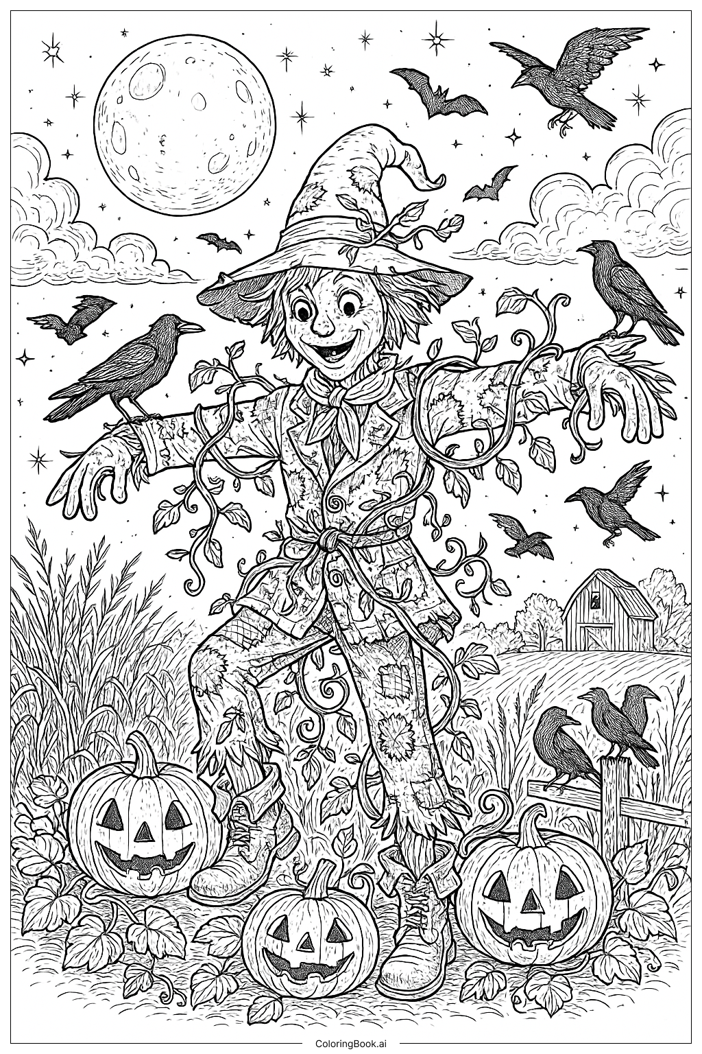  A Magical Scarecrow Coming To Life At Nightの塗り絵ページ 