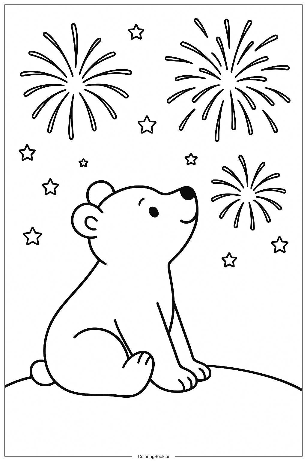 A Bear Watching Fireworks Coloring Page