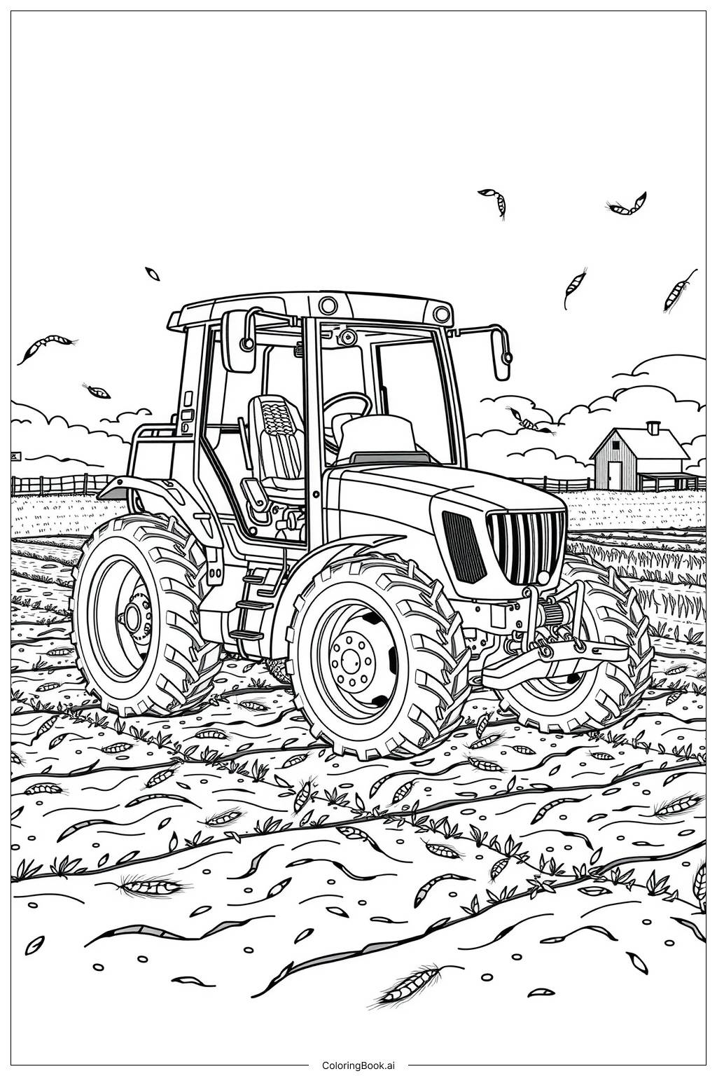  Página para colorear de Trabajo de Primavera con Tractor 