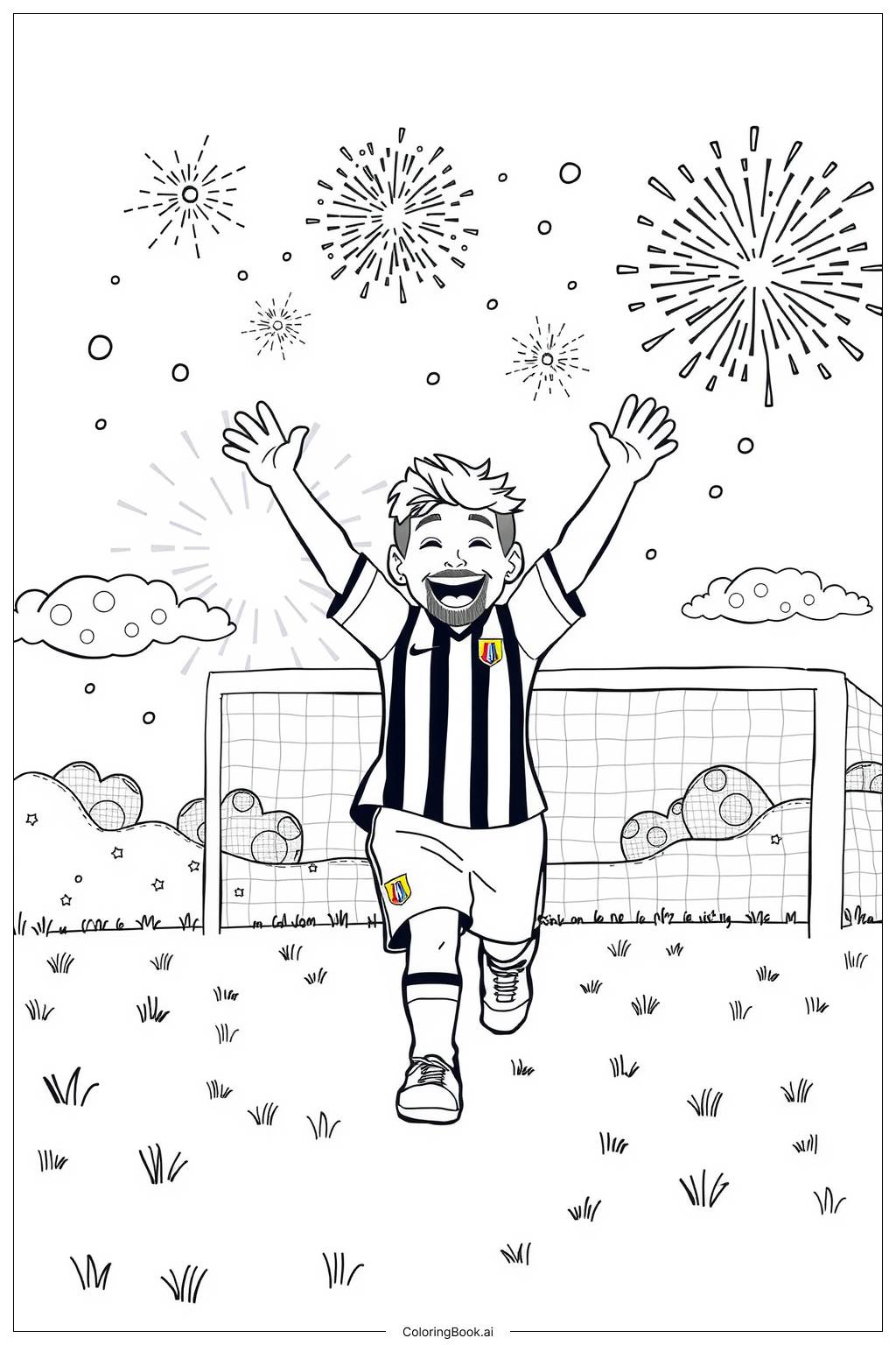  messi scoring a goal with fireworks in the background Coloring Page 