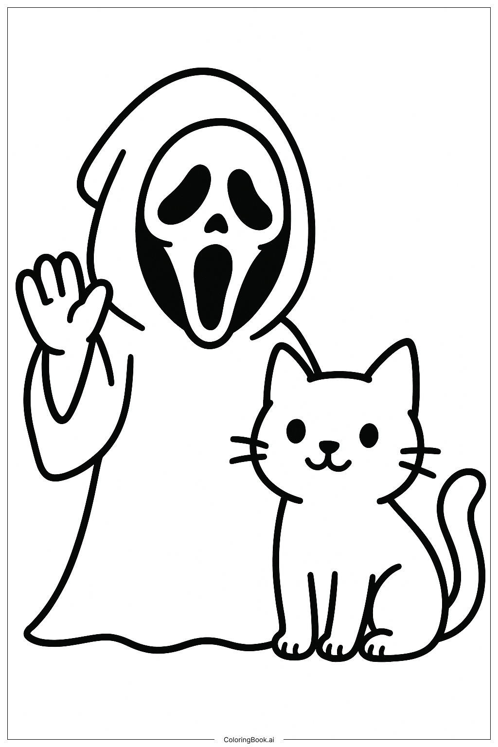  Página para colorear de Ghostface y un Gato Negro Amistoso 