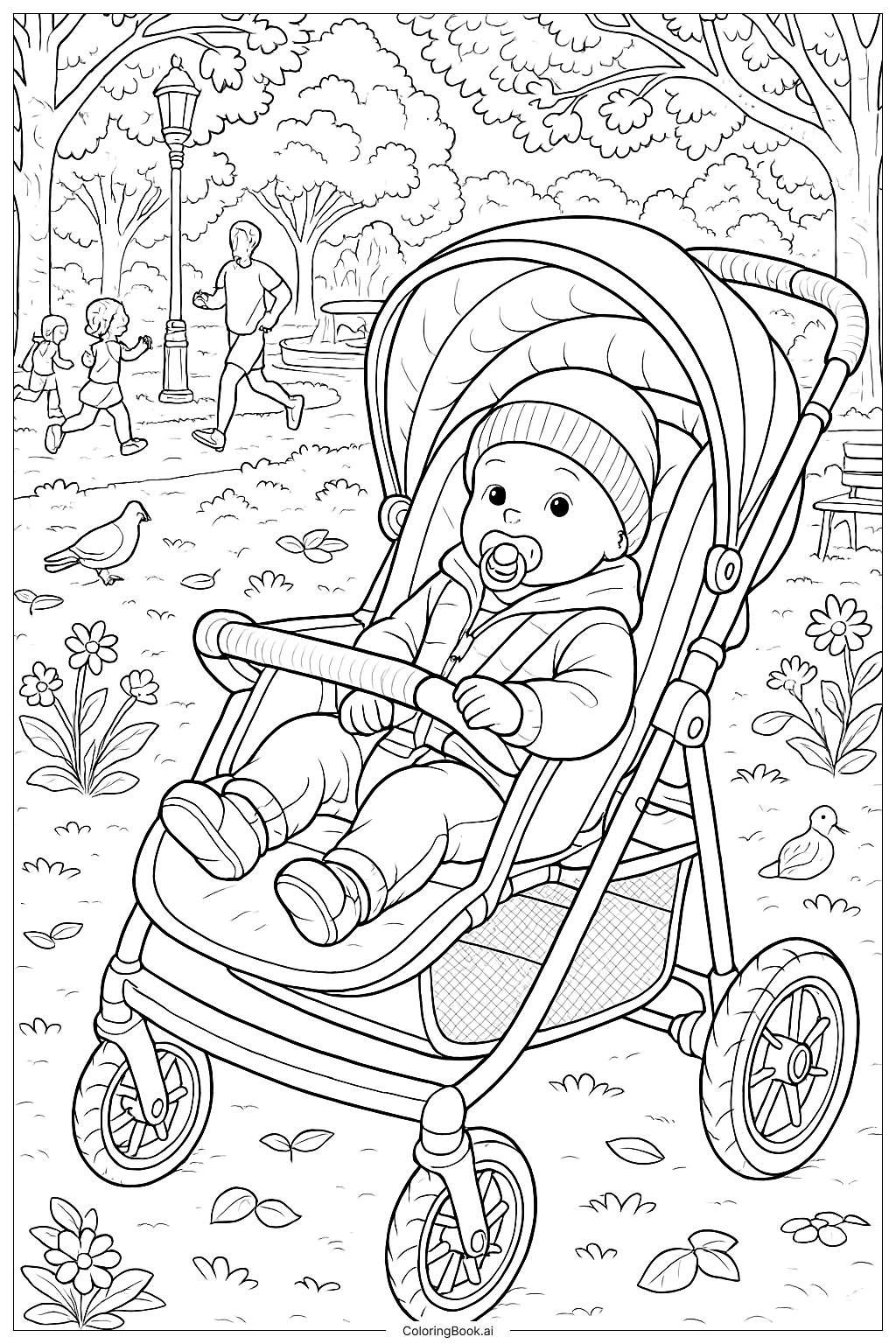  Baby In A Stroller In A Busy Park Coloring Page 