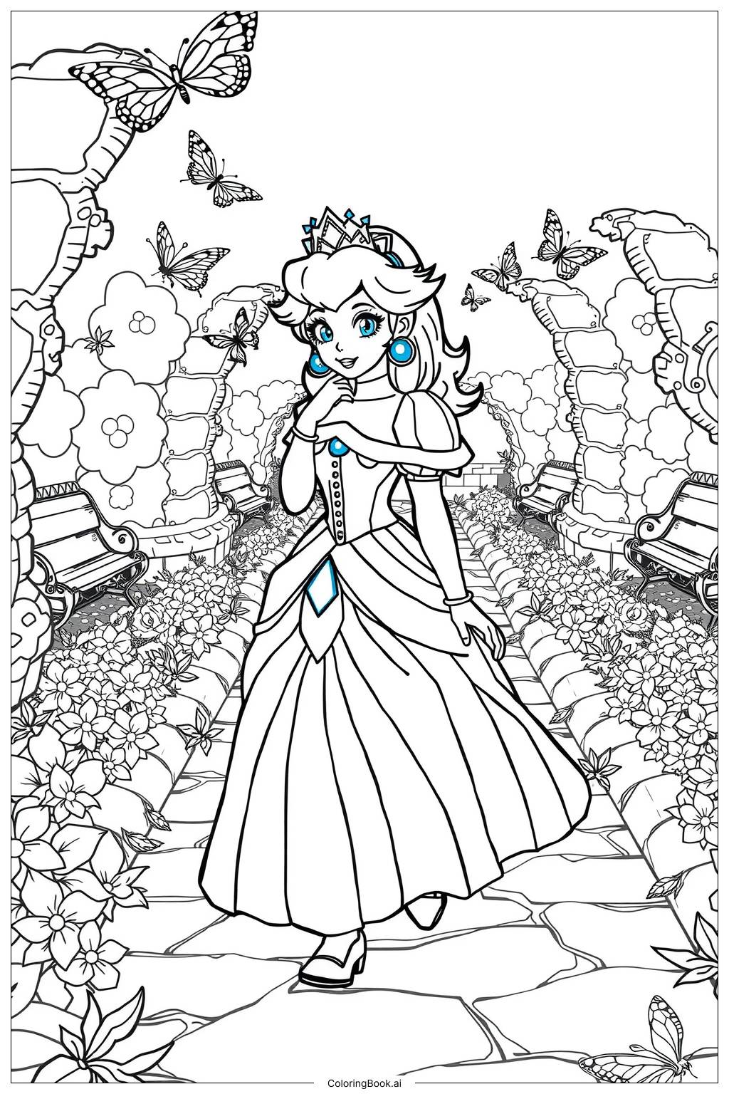  Page de coloriage Princesse Peach dans un jardin plein de fleurs-2 