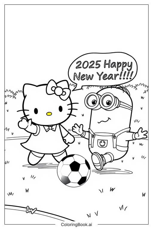  2025 hello kitty and minion playing Soccer Coloring Page 