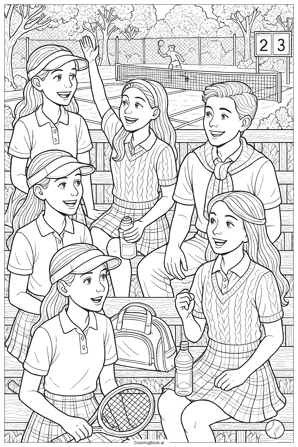 Preppy Friends at a Tennis Match Coloring Page