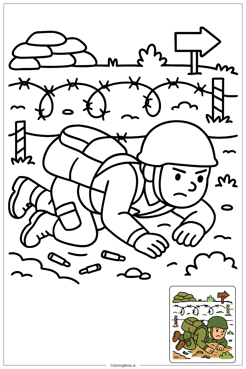  Page de coloriage Soldat de l'Armée Rampant Sous le Fil 