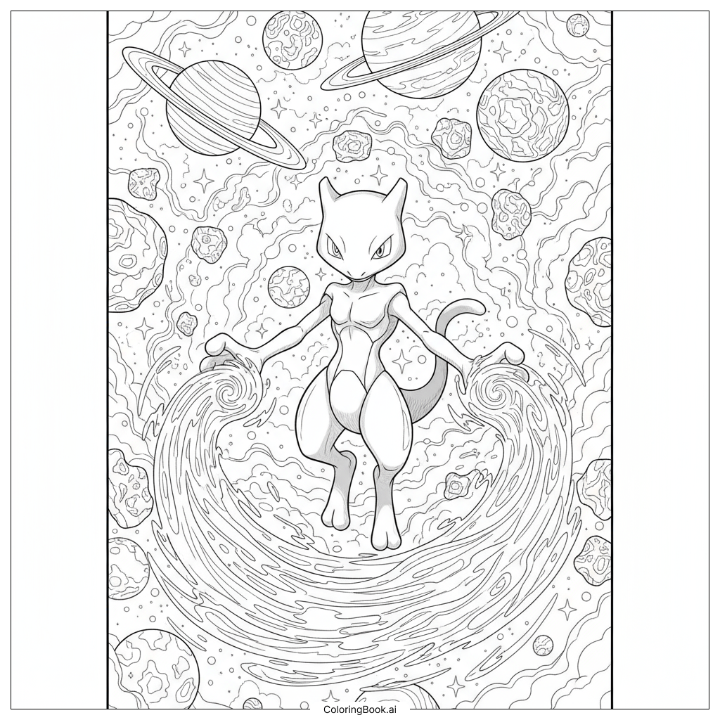 Page de coloriage Mewtwo pliant de l'eau en flottant dans l'espace 