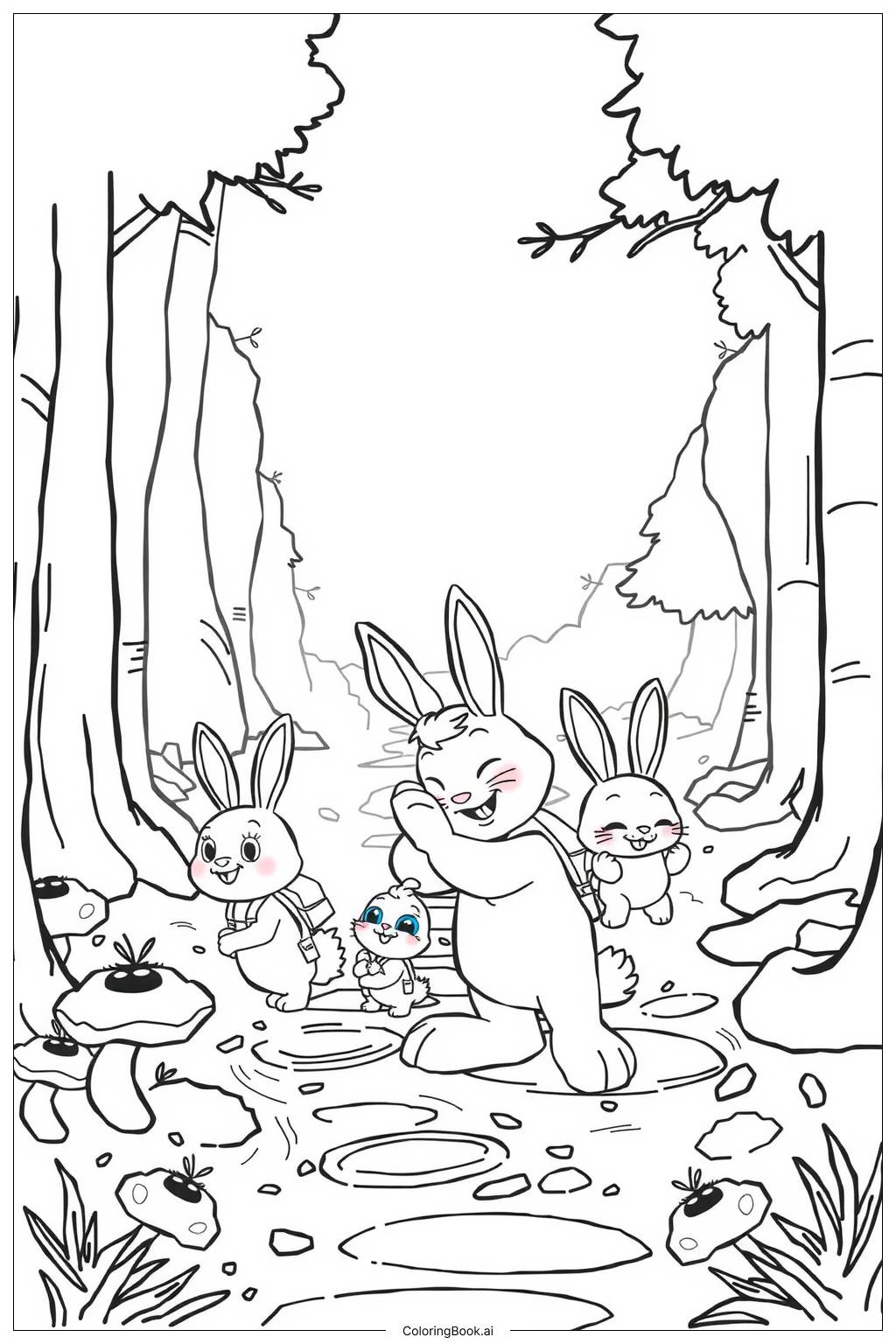  Bunny Family Forest Adventure Coloring Page 