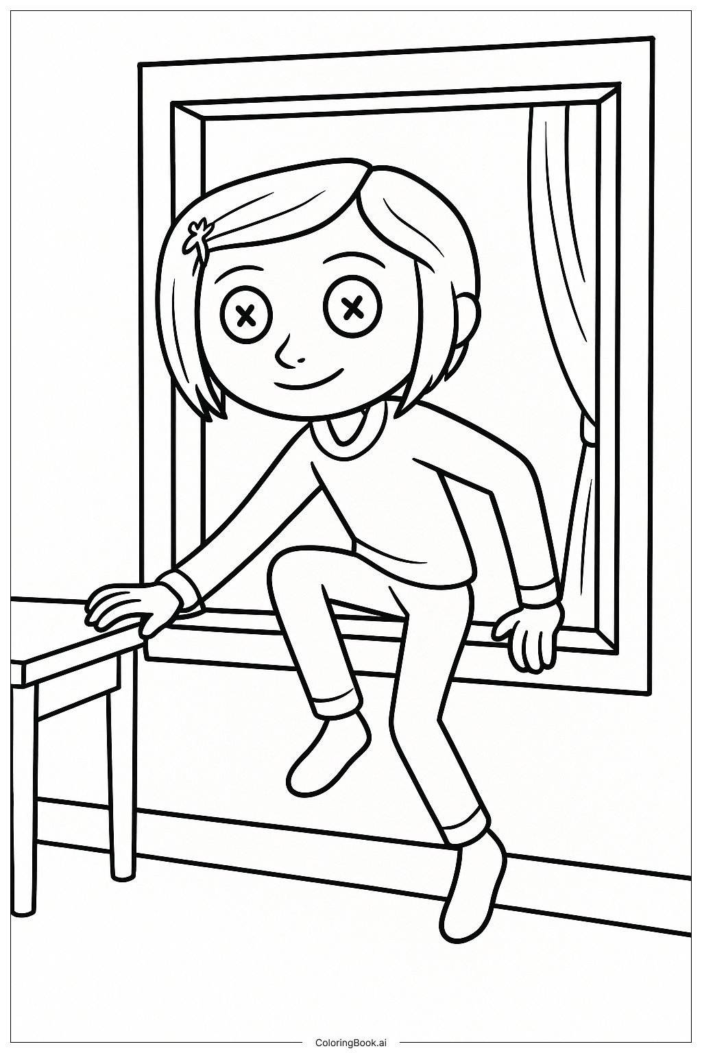  Coraline 透過窗戶逃脫著色頁 