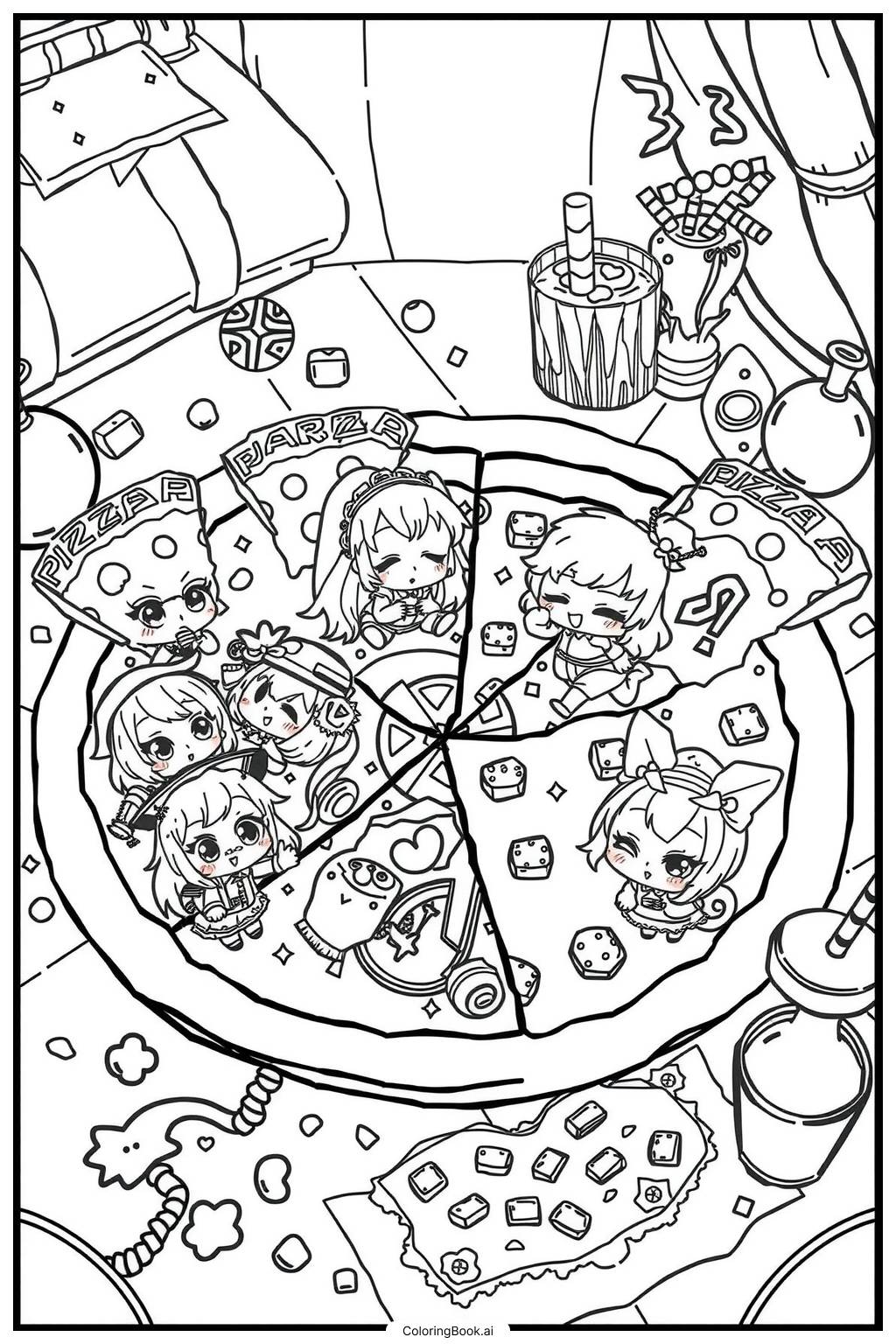  Kawaii Pizza Scene with Multiple Characters Coloring Page 