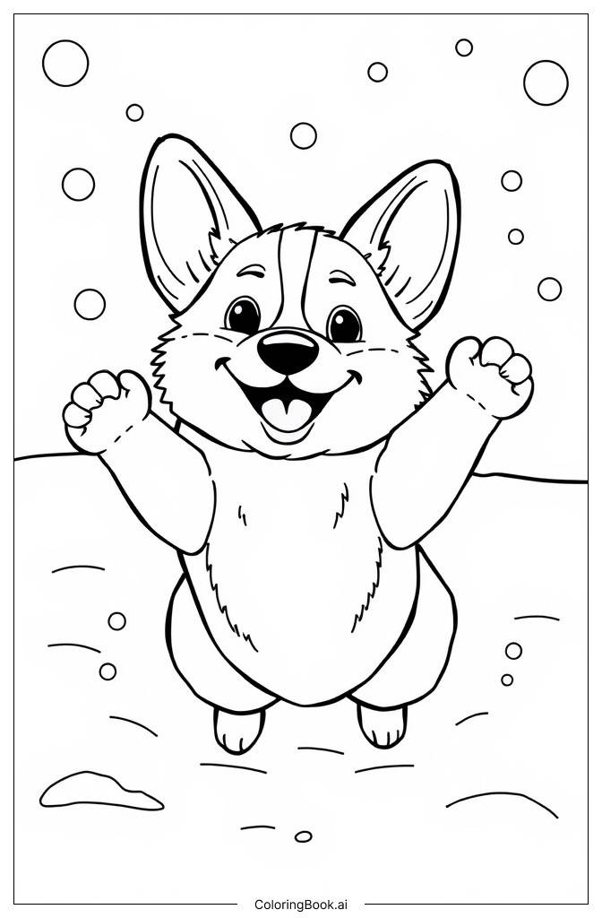  Página para colorir de Corgi Fofo Brincando na Neve 