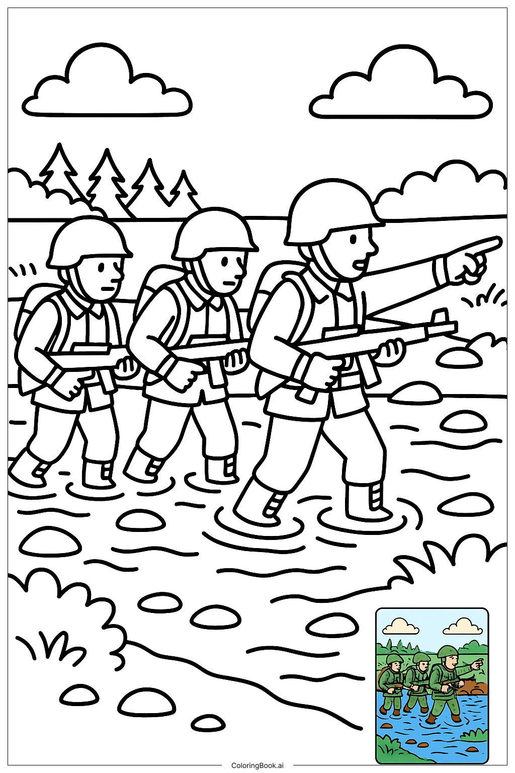  Page de coloriage Équipe de l'Armée Franchissant la Rivière 