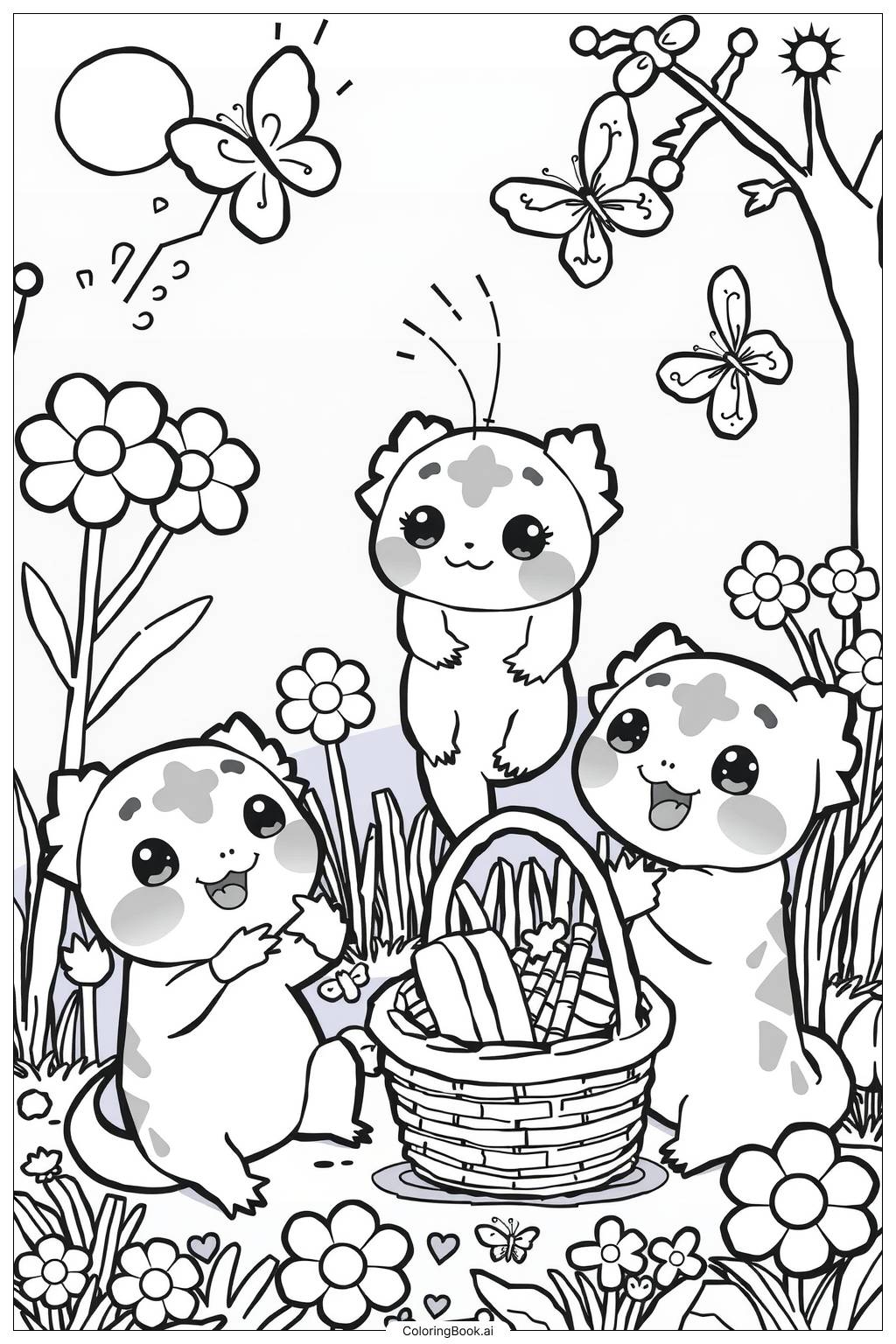  Page de coloriage Fête de jardin Kawaii Axolotl 