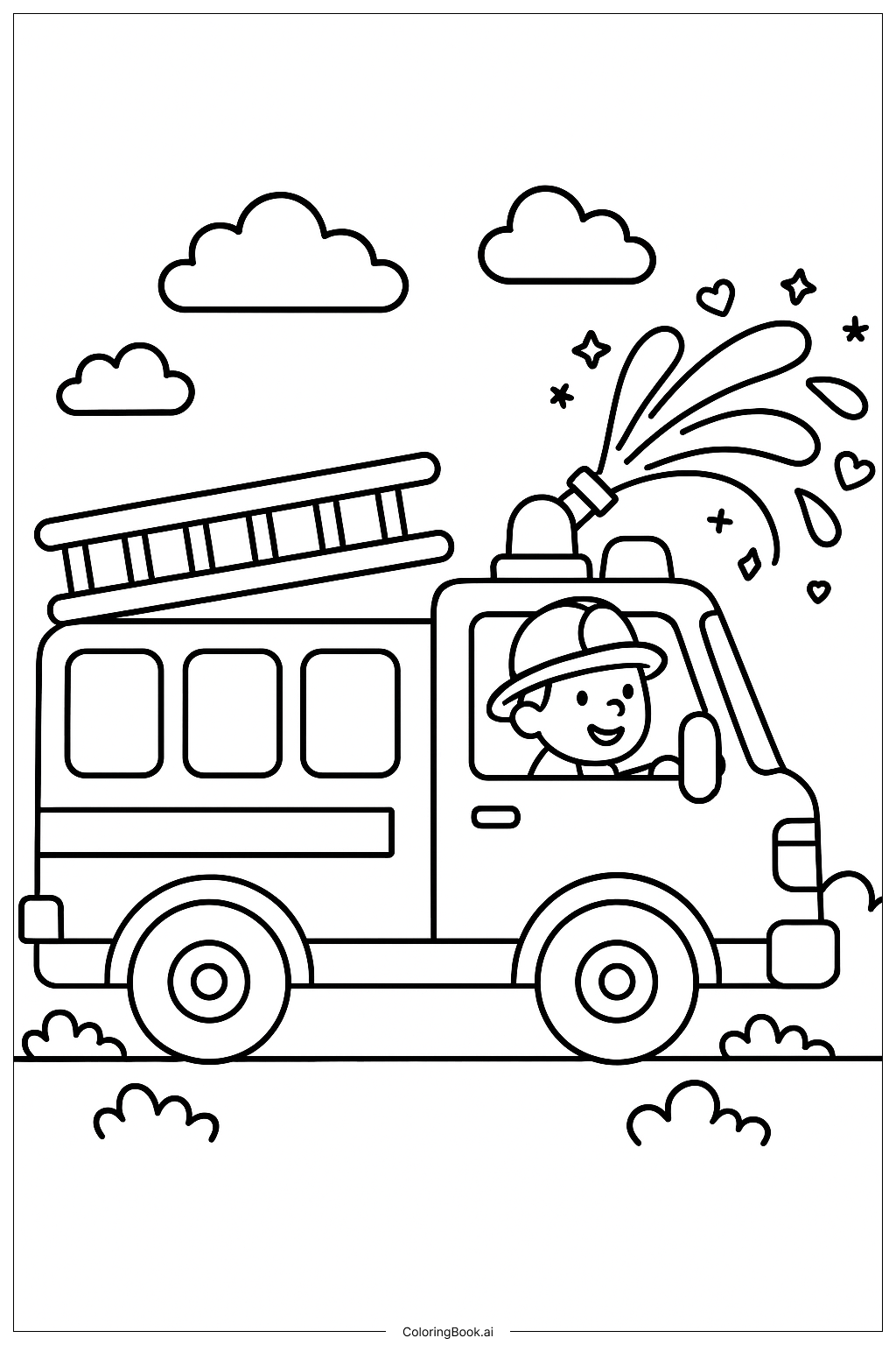  Page de coloriage Camion de pompier avec jets d'eau scintillants 