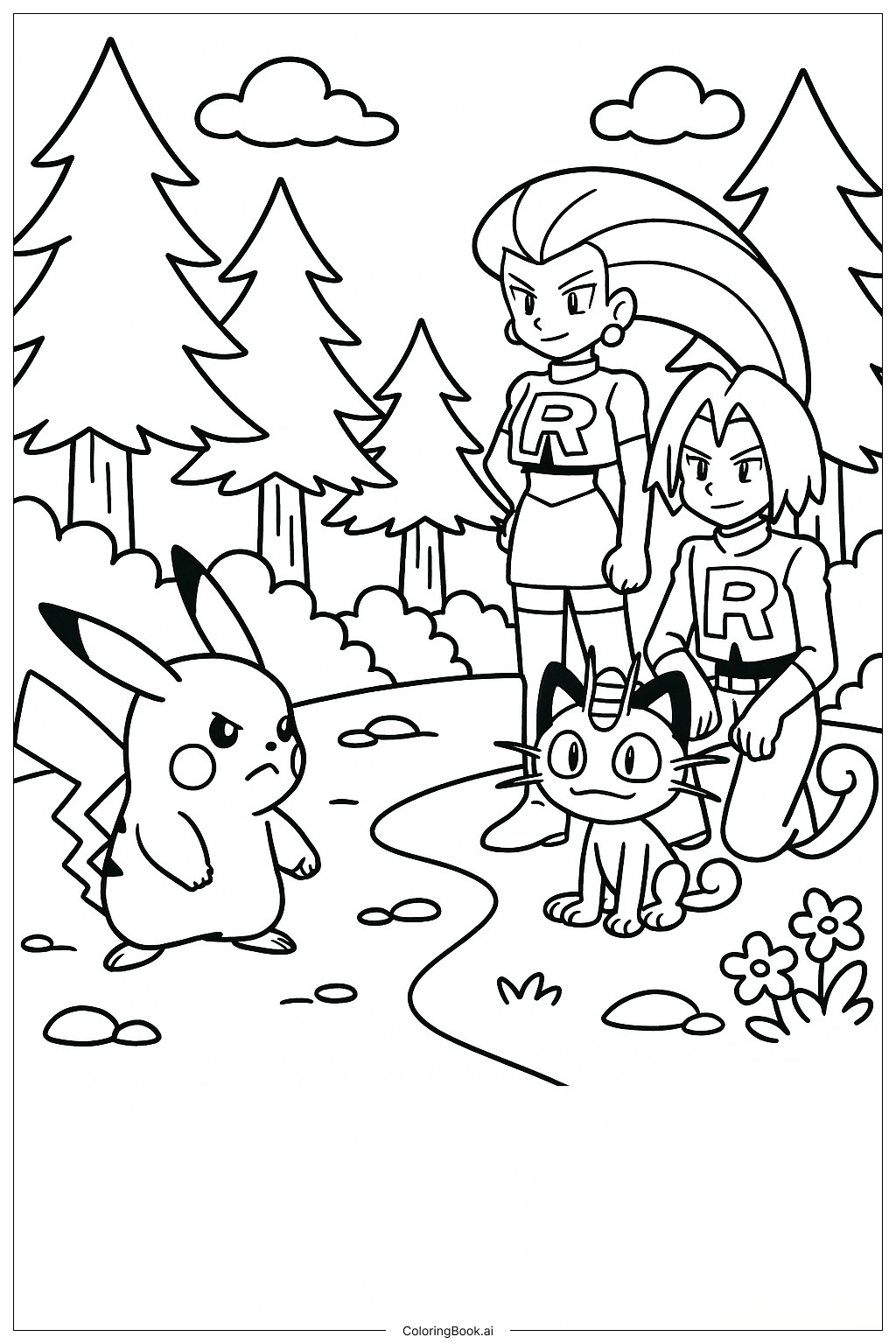  Pikachu Facing Team Rocket In Forest Coloring Page 