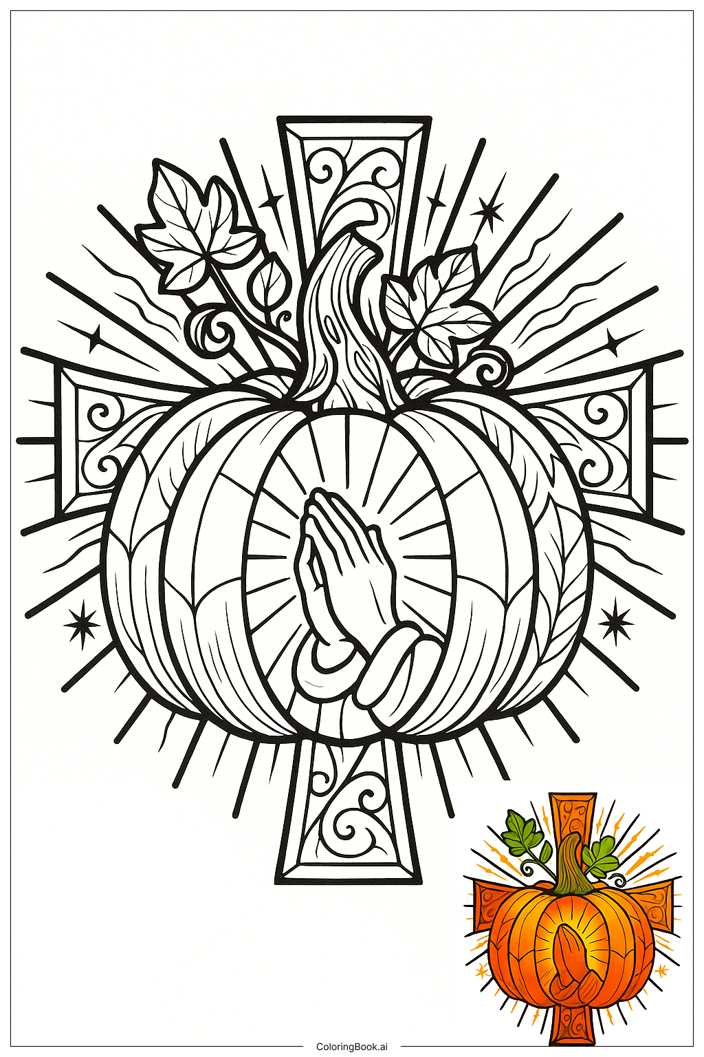 Kürbisgebet mit Kreuz und Strahlen Ausmalseite