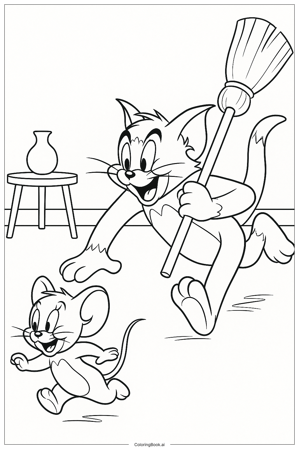 Trang tô màu Tom Chasing Jerry With A Broom