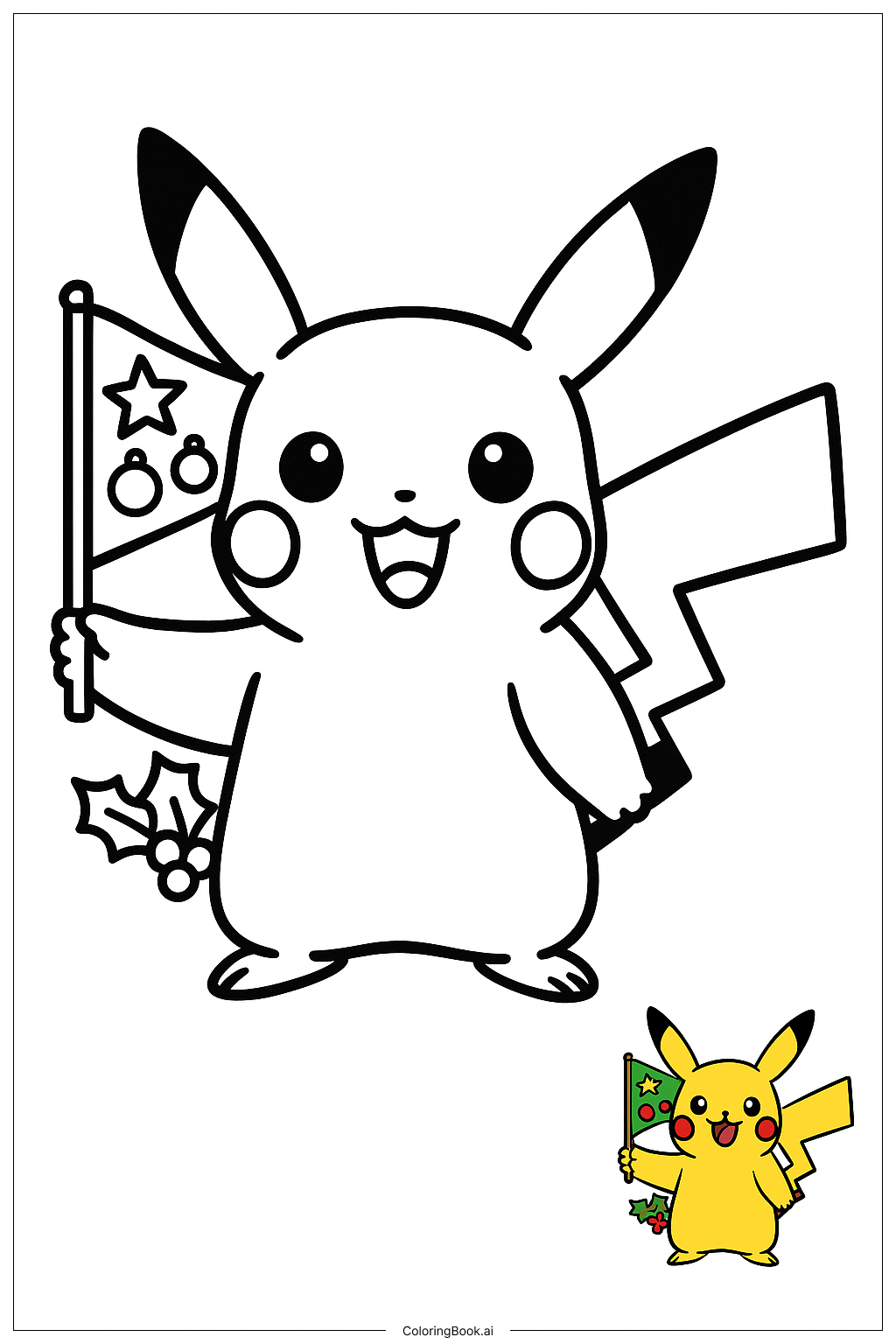 Pikachu Waving A Christmas Flag Coloring Page 