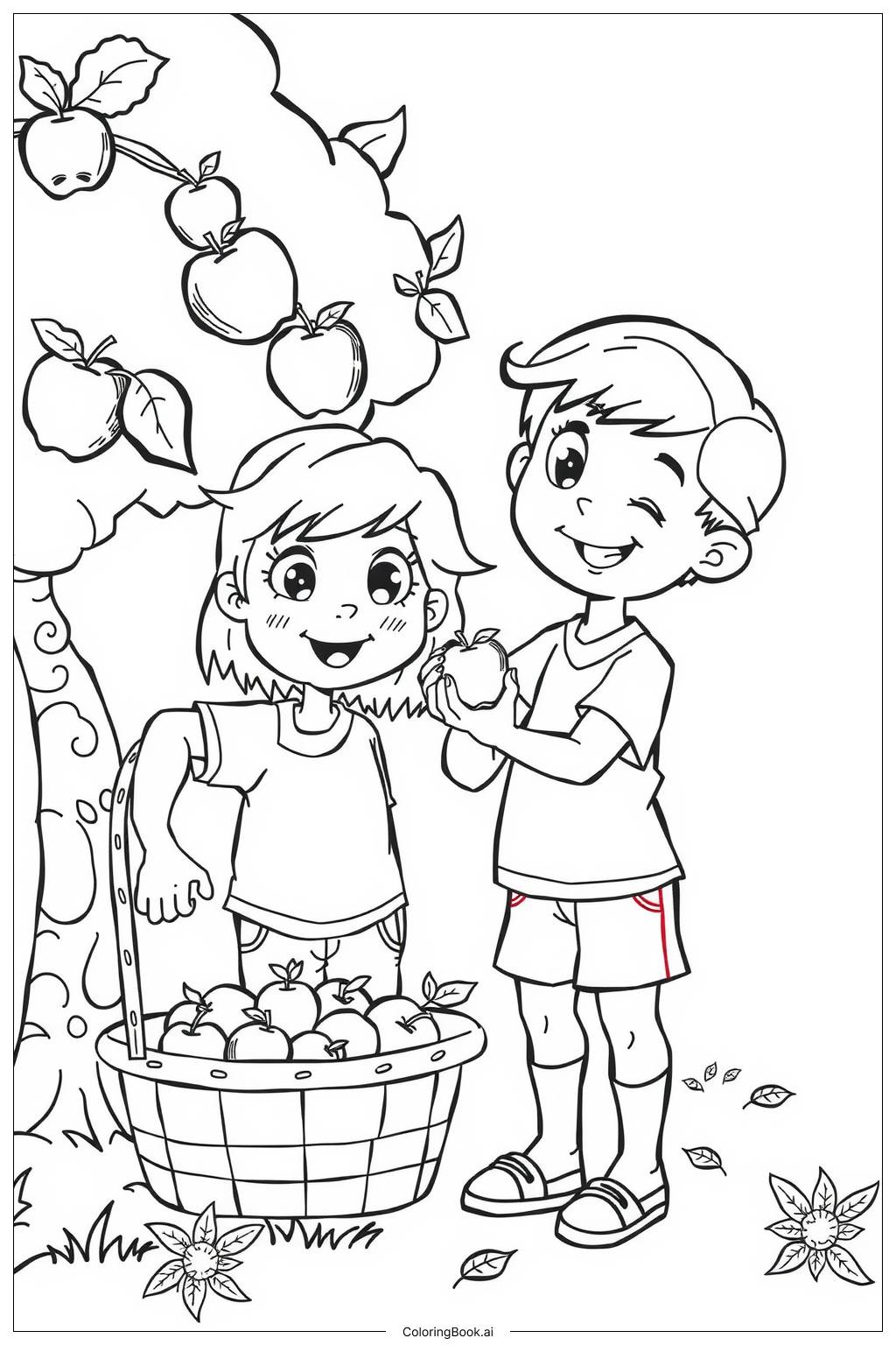  Children Enjoying Fresh Apples Coloring Page 