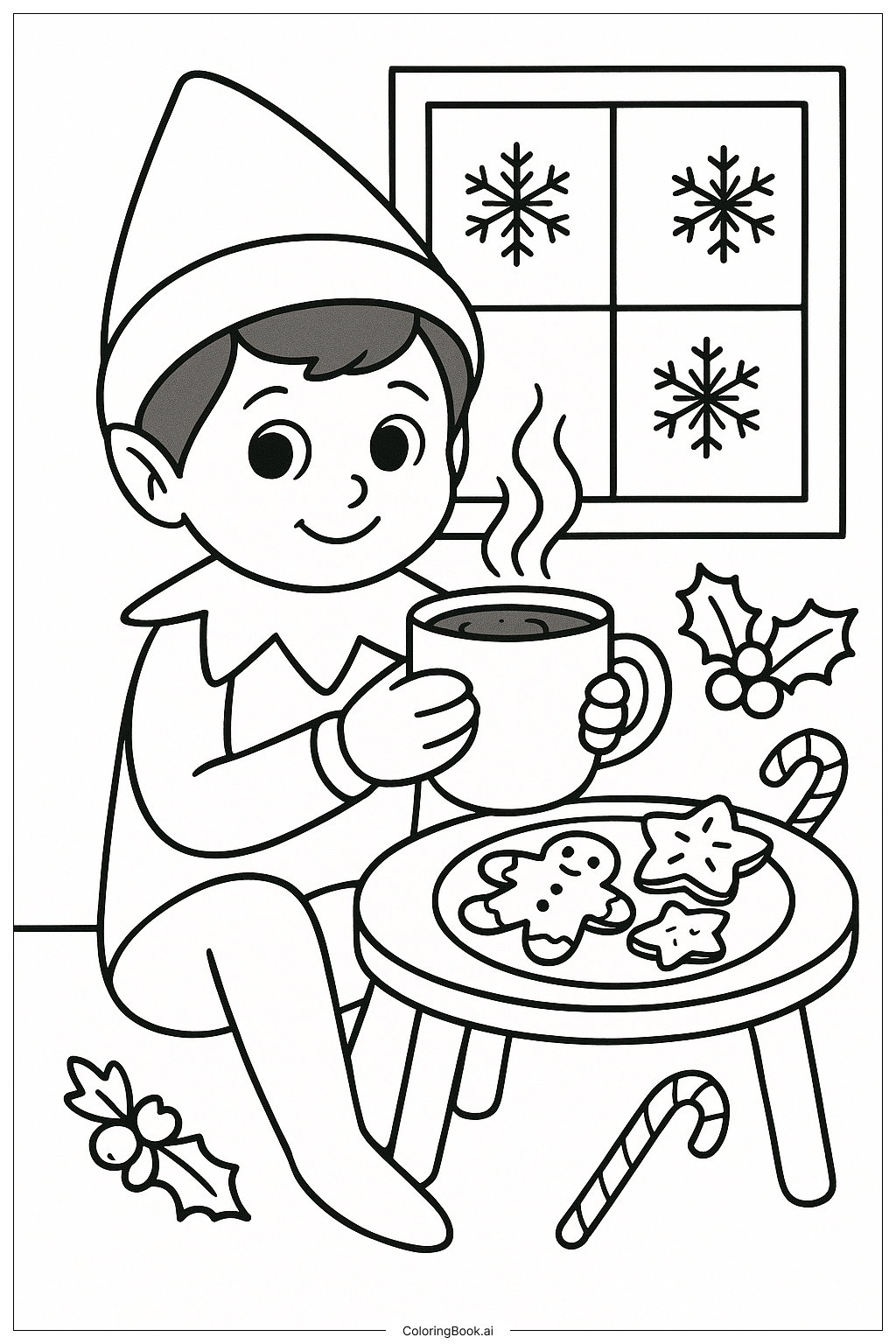  Página para colorir de Duende na Prateleira Bebendo Chocolate Quente 