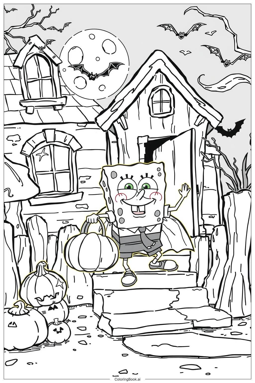  Página para colorir de Spongebob Halloween Casa Assombrada-2 