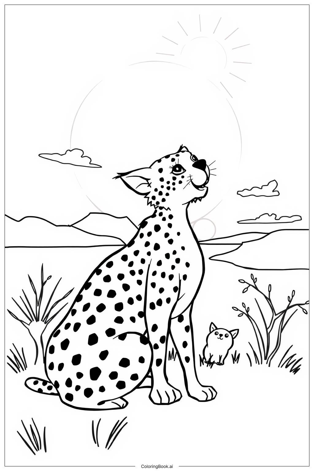  Page de coloriage guépard au coucher de soleil 