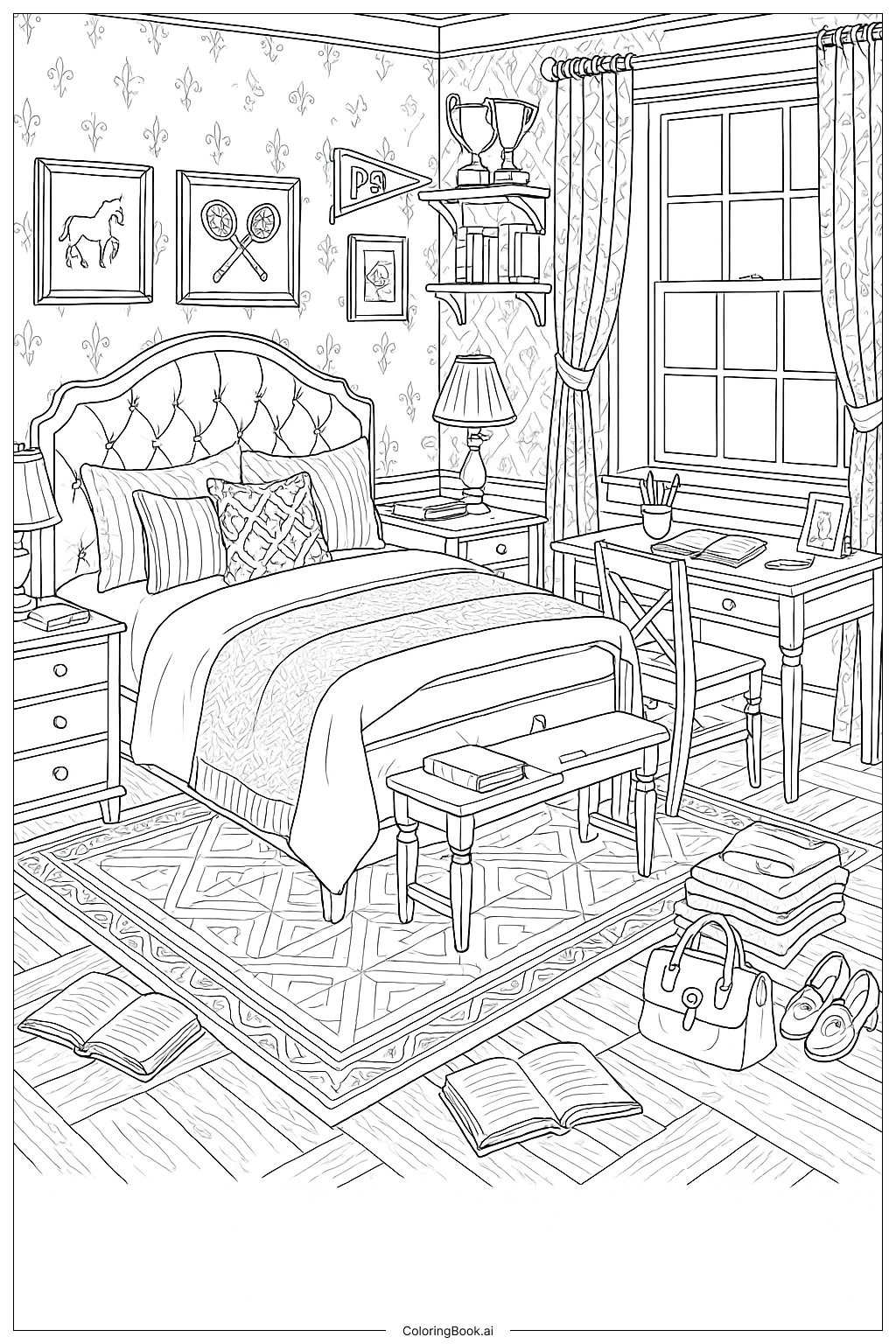 一个精致的学院风卧室内饰填色页 
