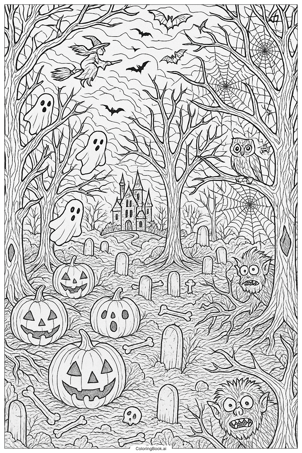  Ein komplizierter gruseliger Wald für Halloween 2025 Ausmalseite 