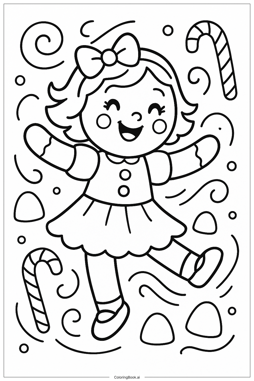  喜んで踊るジンジャーブレッドの女の子の塗り絵ページ 