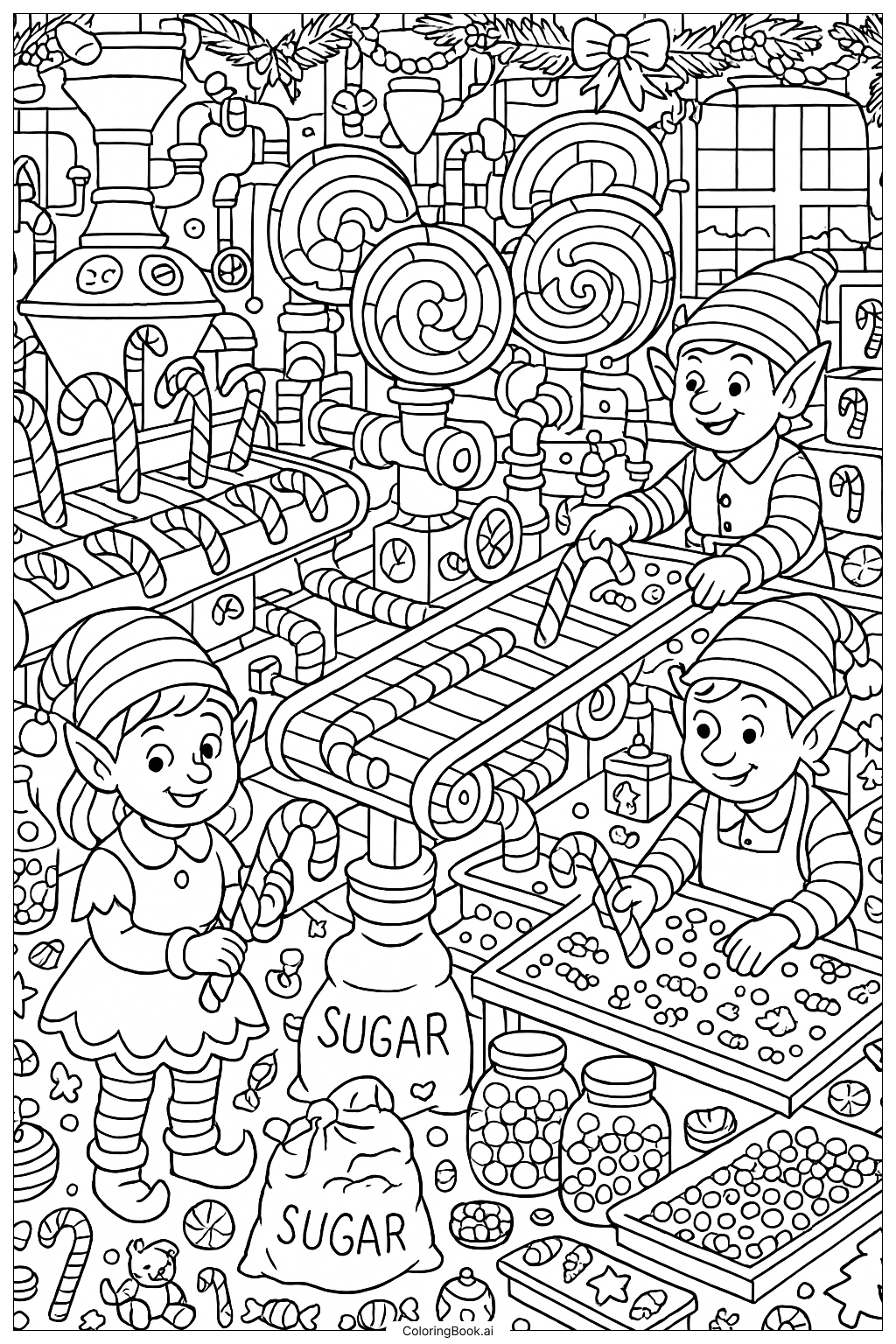  A Festive Scene Of A Candy Cane Factory Coloring Page 