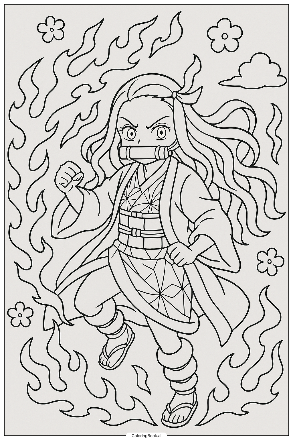  Página para colorear de Nezuko usando su Arte Demoníaco de Sangre 