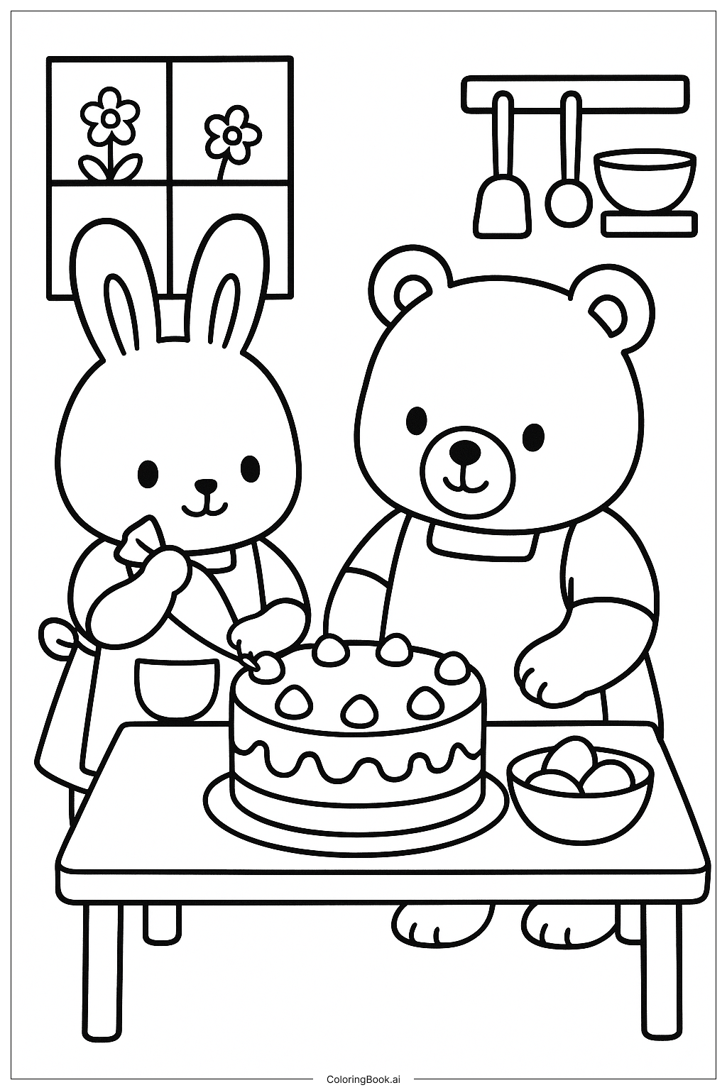  コージーフレンズケーキ作りの塗り絵ページ 