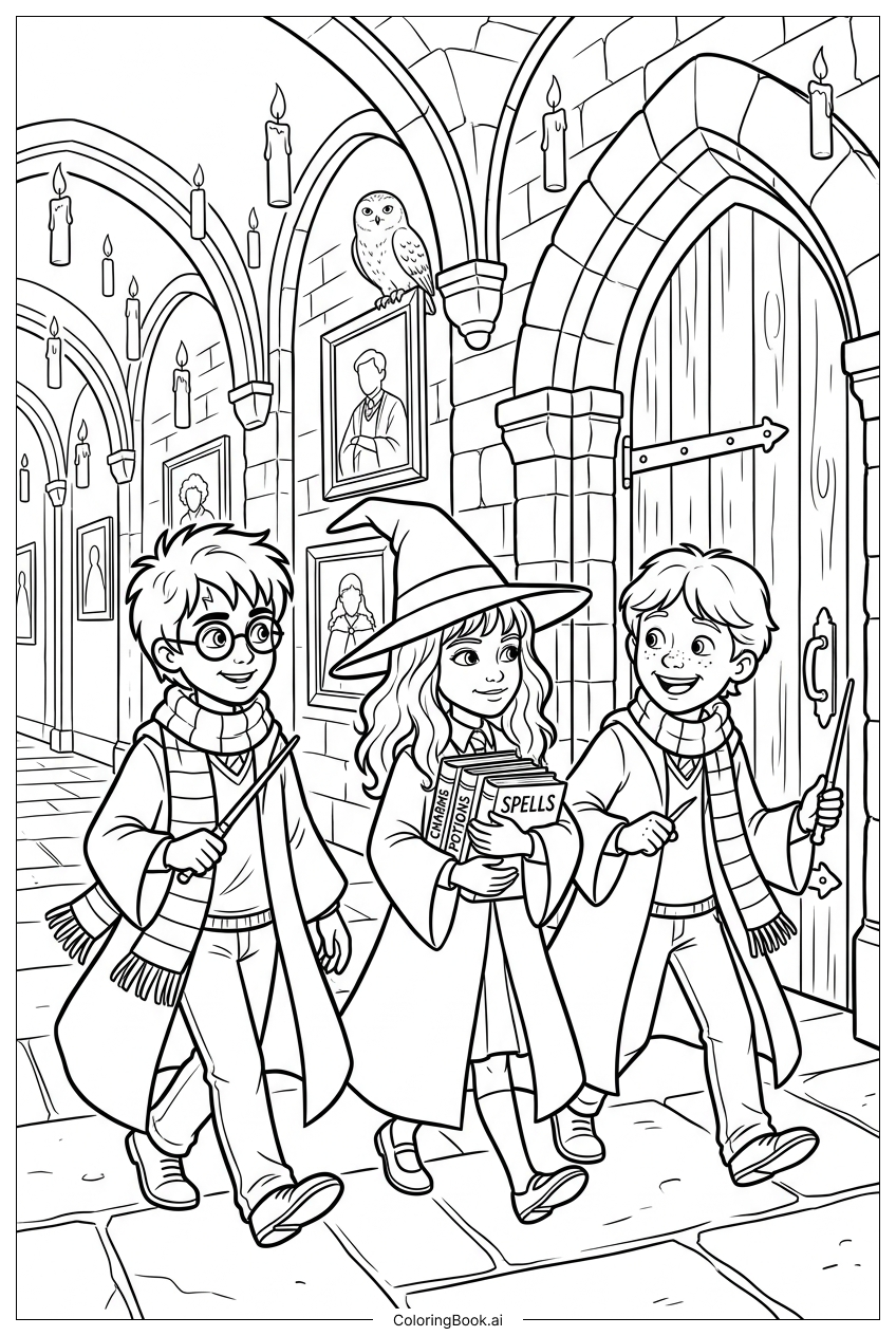 Harry Potter walking corridors with best friends Coloring Page