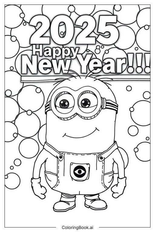  Página para colorear de minions feliz año nuevo 2025 