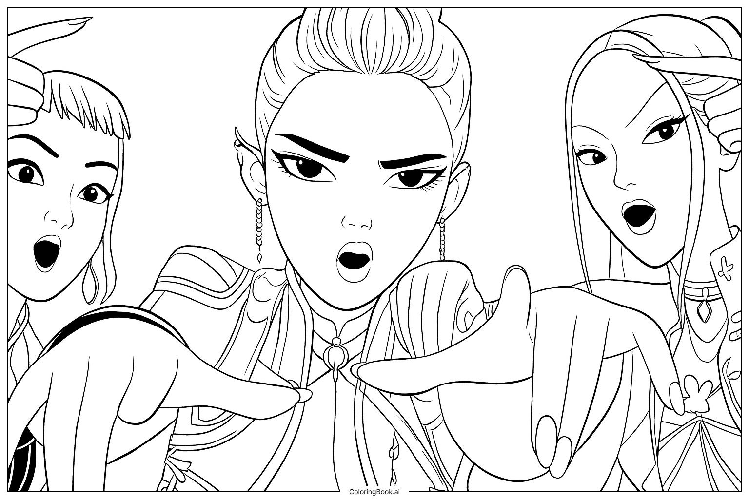  HUNTR X with Intense Expressions Pointing Forward Coloring Page 