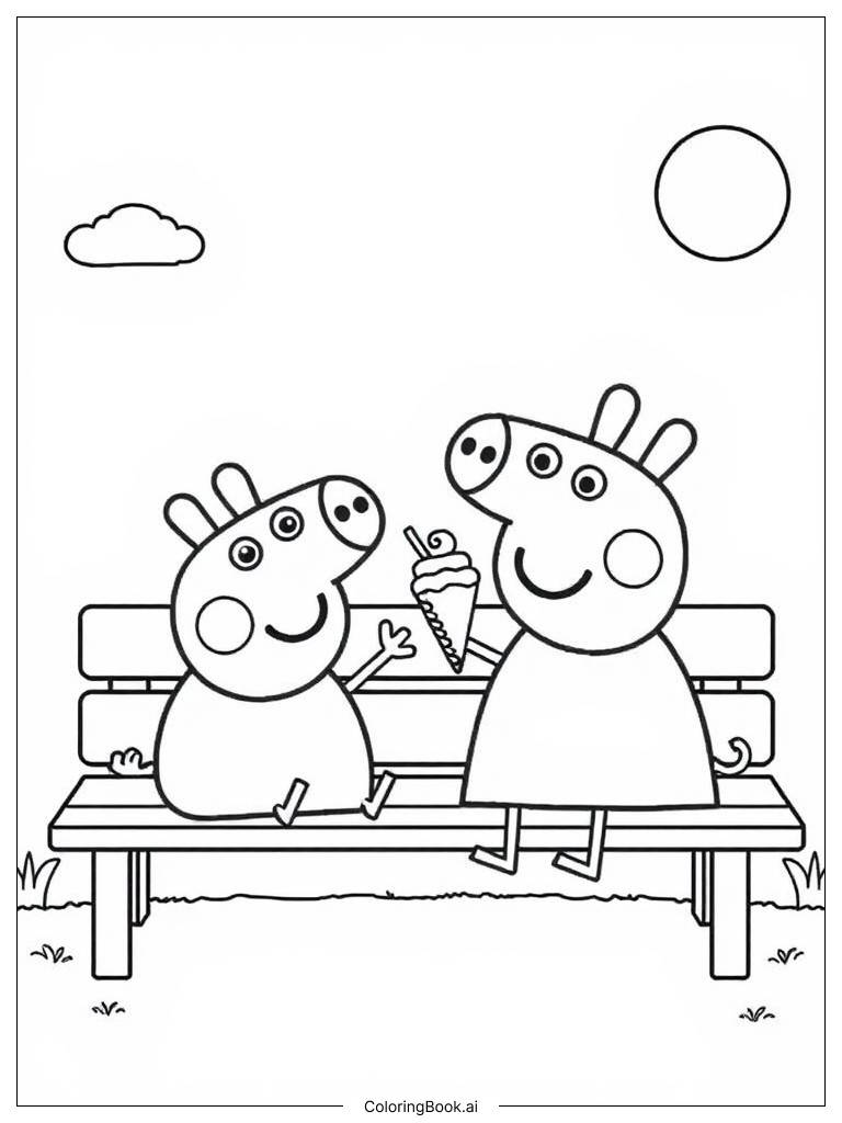  Page de coloriage Peppa Pig Profite de Glace sur le Banc 